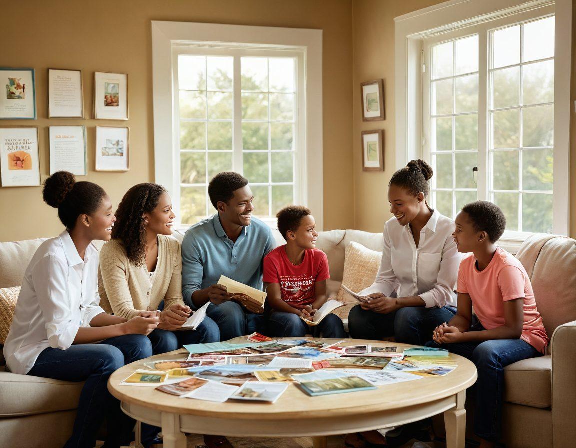 A warm and inviting family gathering scene, showcasing diverse families supporting one another in a cozy living room filled with inspirational quotes on the walls. Gentle sunlight streaming through the window, illuminating a resource table with brochures and advocacy materials. Children and adults are engaged in conversations, symbolizing hope and resilience. Include soft colors and a touch of comfort. super-realistic. vibrant colors. warm tones.