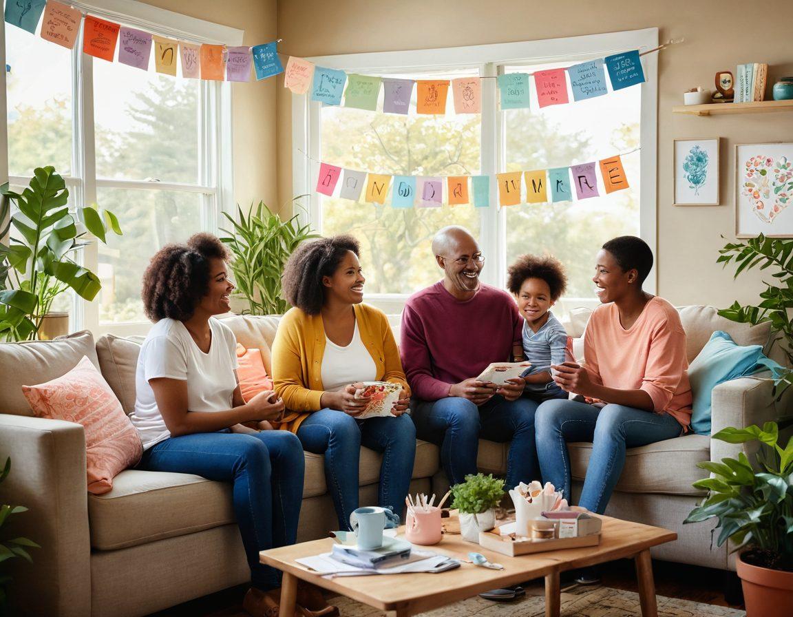 A heartwarming scene of a diverse family gathering in a cozy living room, surrounded by colorful plants and supportive banners about cancer care. Illustrate family members sharing smiles and warmth, with a soft glow of sunlight streaming in through the window, symbolizing hope and community strength. Include elements like care packages, therapeutic items, and supportive messages. painting. vibrant colors. warm atmosphere.